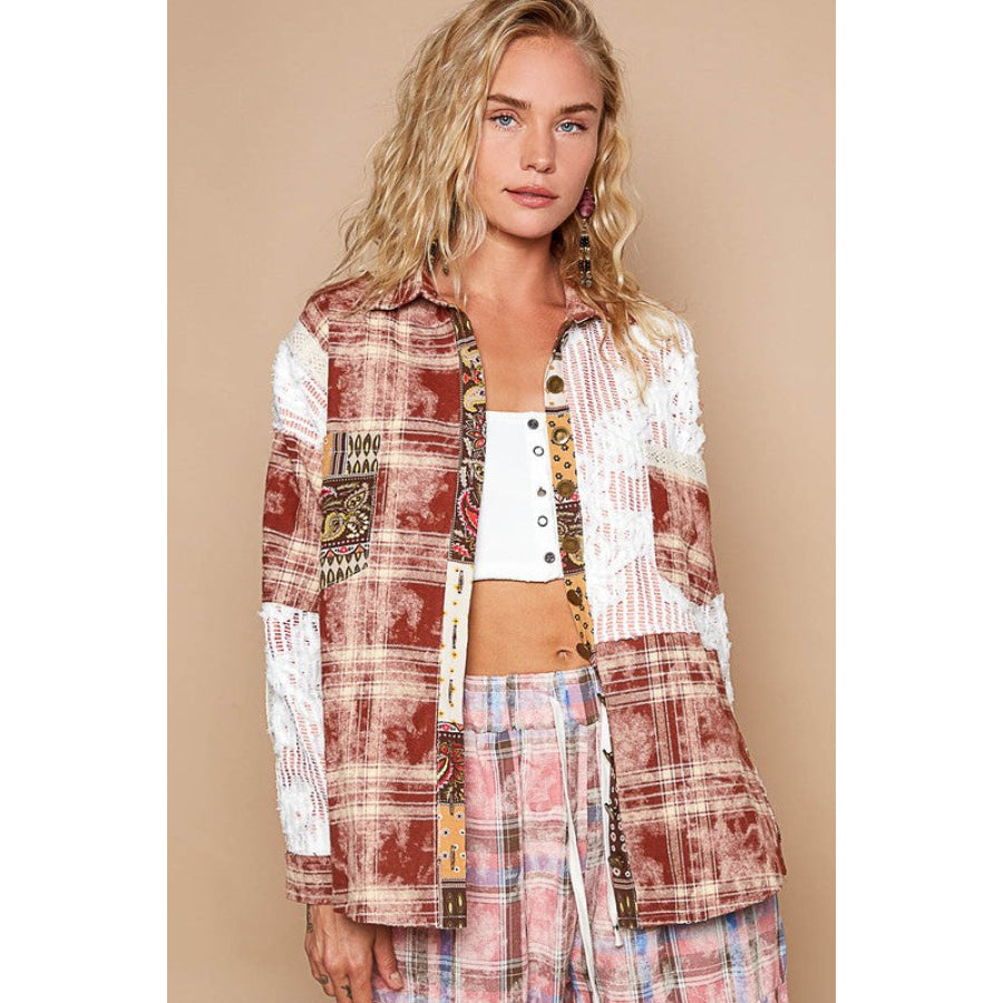 POL Crochet Plaid Patchwork Button Up Shirt Red Multicolor / S Apparel and Accessories