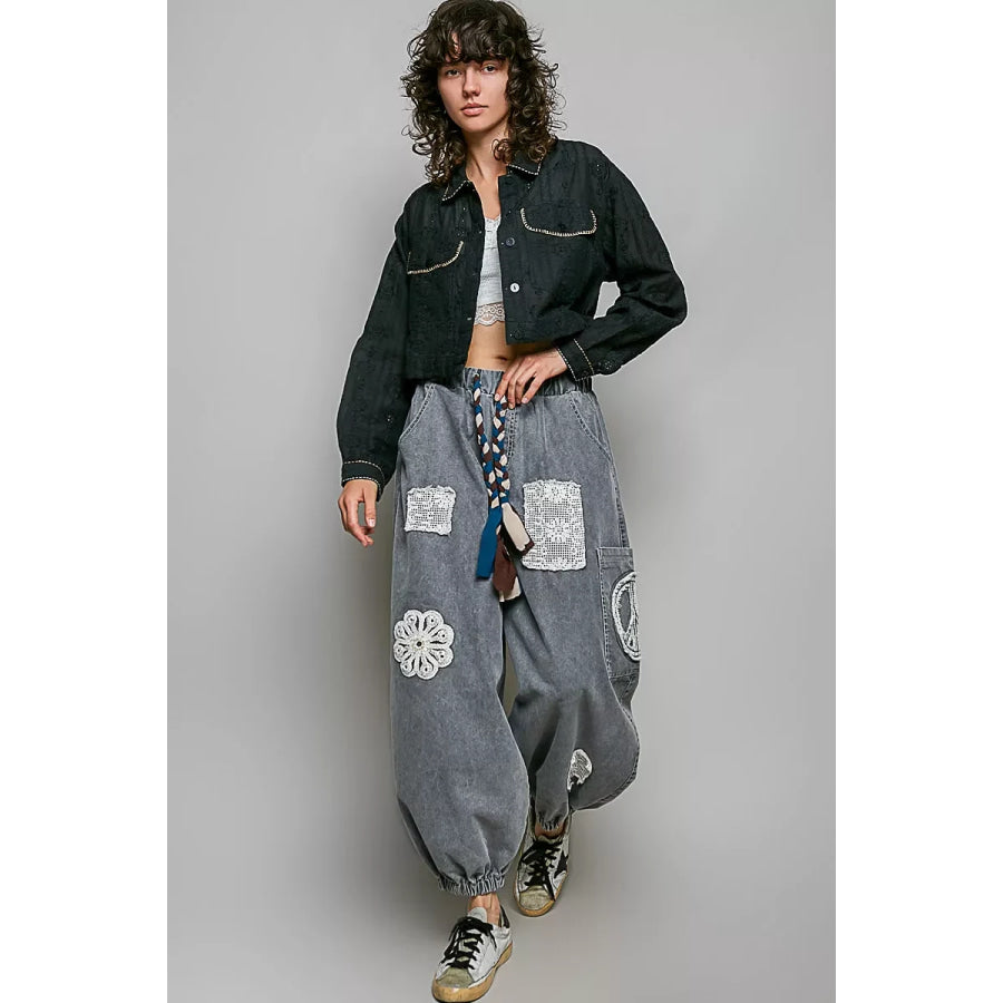 POL Cropped Button-Front Eyelet Cotton Jacket Apparel and Accessories