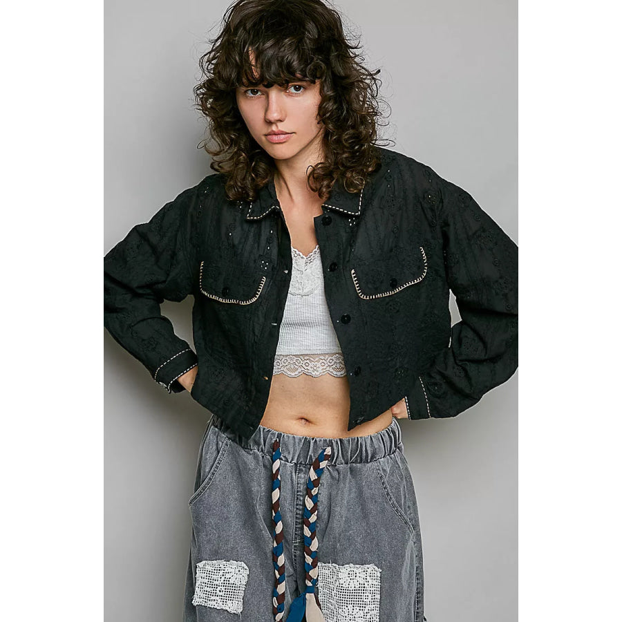 POL Cropped Button-Front Eyelet Cotton Jacket BLACK / S Apparel and Accessories