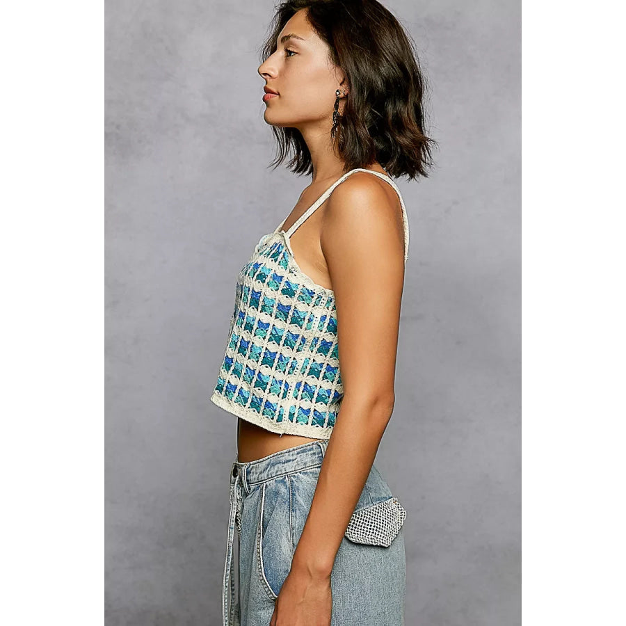 POL Cropped Crochet Cami with Scalloped Edge BLUE MULTI / One Size Apparel and Accessories