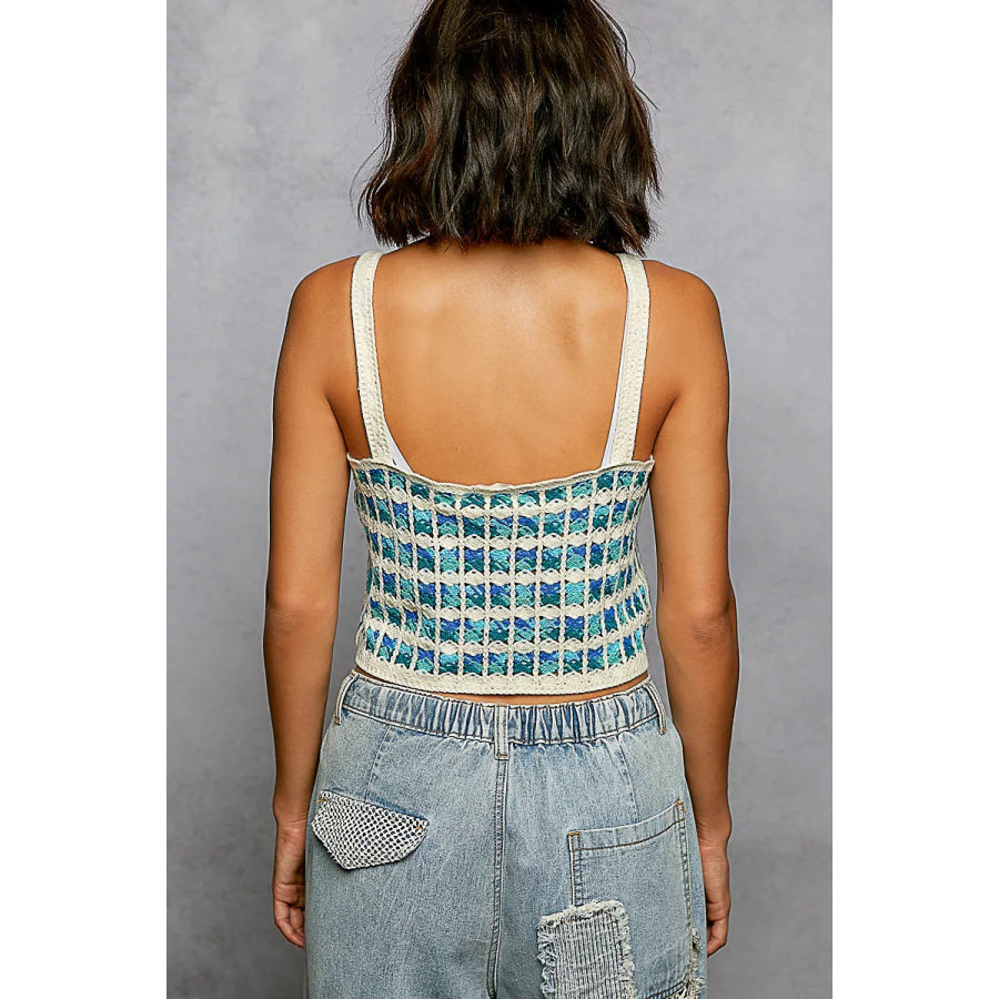 POL Cropped Crochet Cami with Scalloped Edge BLUE MULTI / One Size Apparel and Accessories