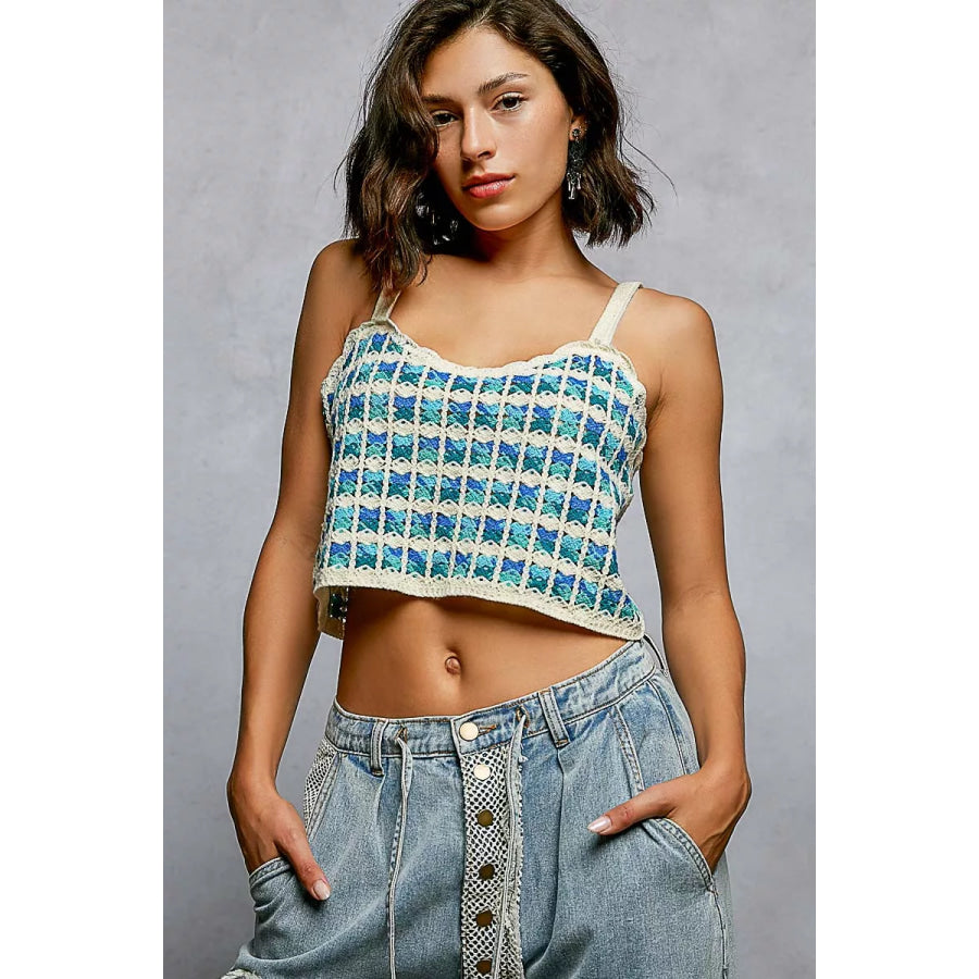 POL Cropped Crochet Cami with Scalloped Edge BLUE MULTI / One Size Apparel and Accessories