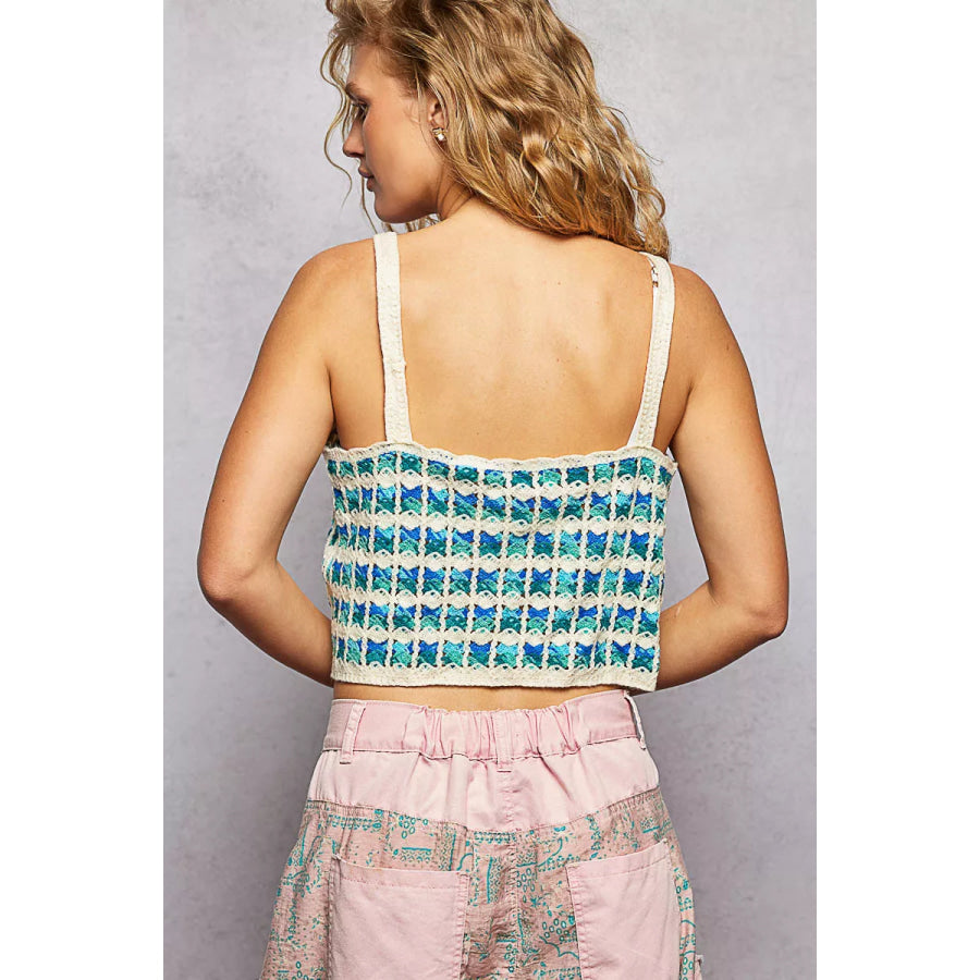POL Cropped Crochet Cami with Scalloped Edge BLUE MULTI / One Size Apparel and Accessories