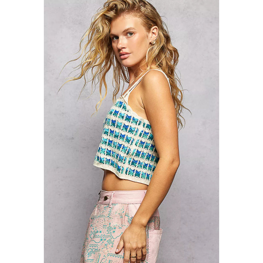 POL Cropped Crochet Cami with Scalloped Edge BLUE MULTI / One Size Apparel and Accessories