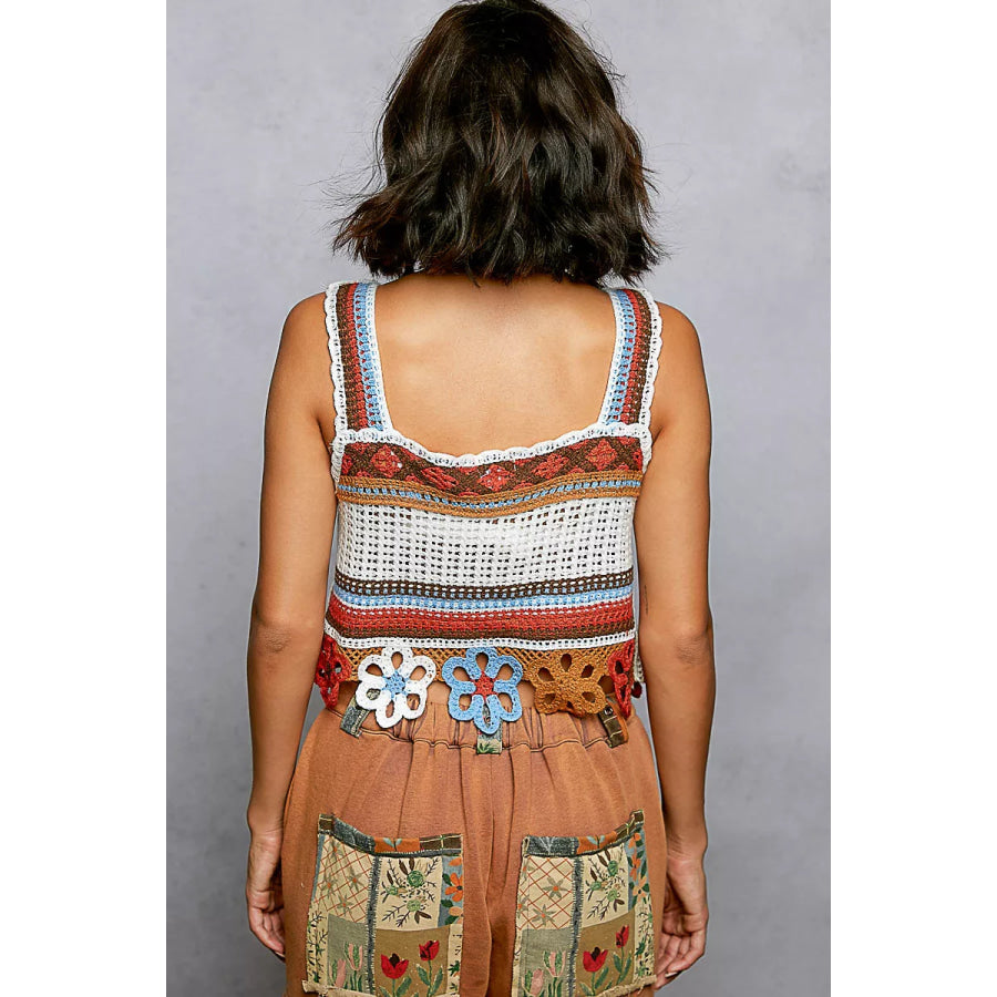 POL Cutout Flower Cropped Crochet Cami with with Dangle Detail ORAGNE MULTI / One Size Apparel and Accessories