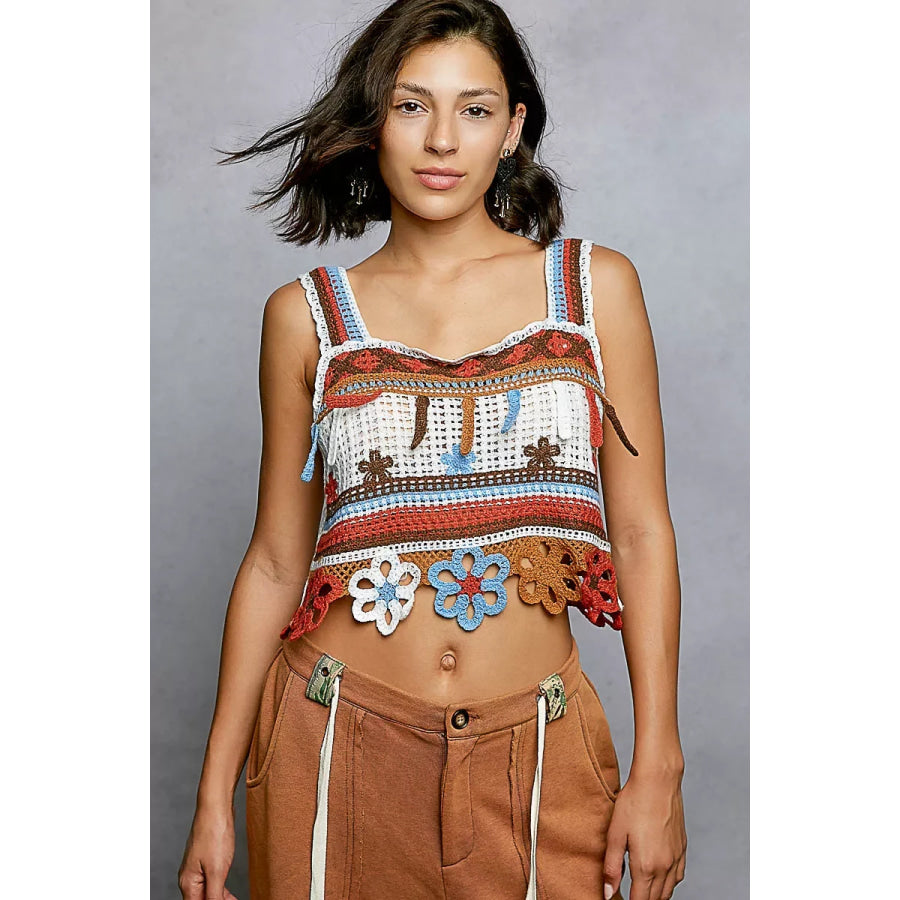 POL Cutout Flower Cropped Crochet Cami with with Dangle Detail ORAGNE MULTI / One Size Apparel and Accessories