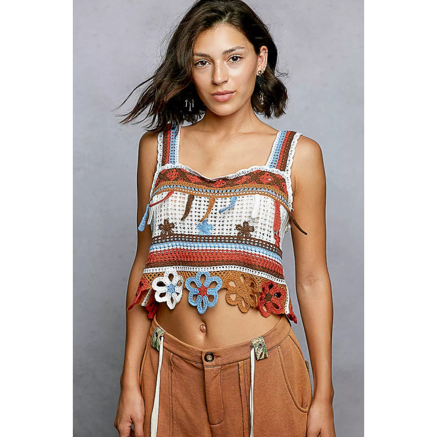 POL Cutout Flower Cropped Crochet Cami with with Dangle Detail ORAGNE MULTI / One Size Apparel and Accessories