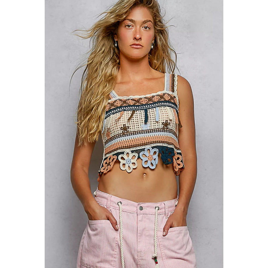 POL Cutout Flower Cropped Crochet Cami with with Dangle Detail SALMON MULTI / One Size Apparel and Accessories