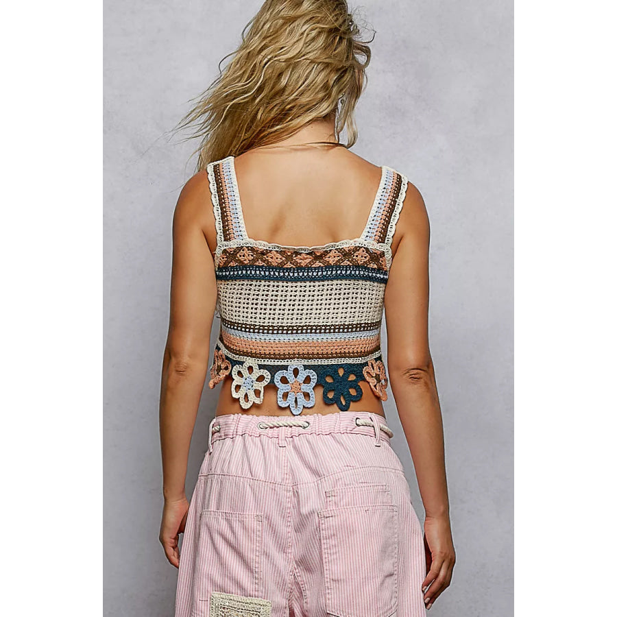 POL Cutout Flower Cropped Crochet Cami with with Dangle Detail SALMON MULTI / One Size Apparel and Accessories