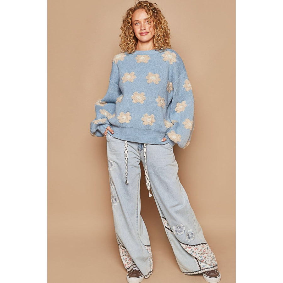 POL Daisy Pattern Drop Shoulder Sweater Apparel and Accessories