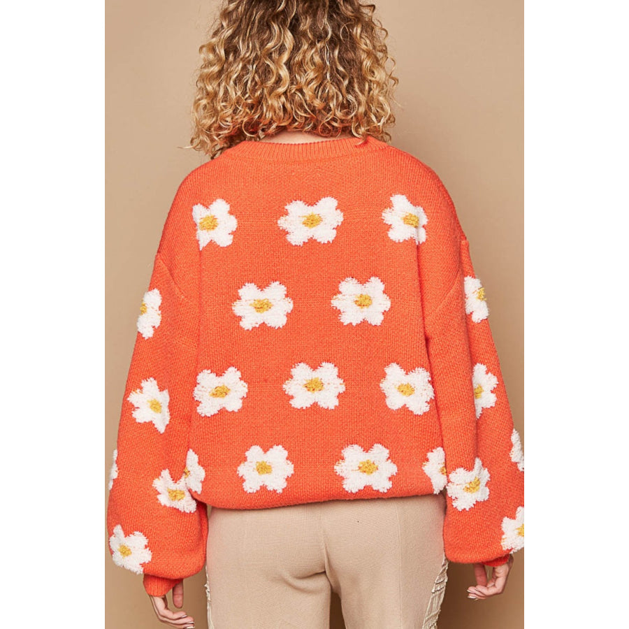 POL Daisy Pattern Drop Shoulder Sweater Sun Orange / S Apparel and Accessories