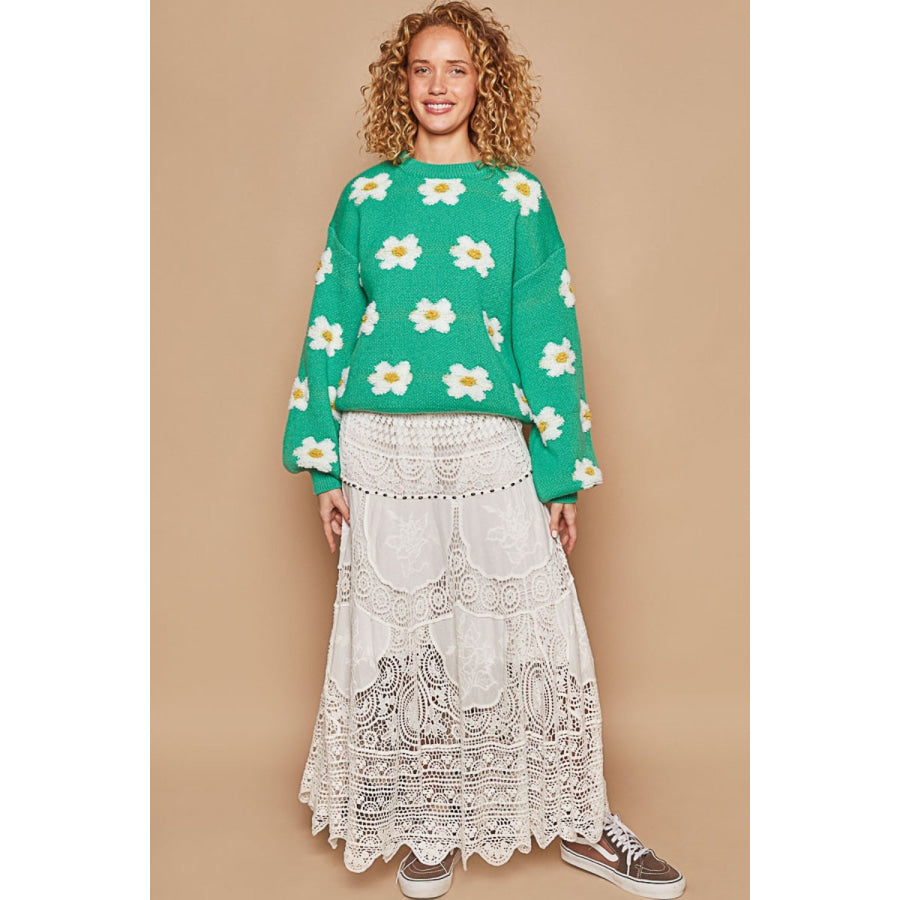 POL Daisy Pattern Drop Shoulder Sweater Apparel and Accessories