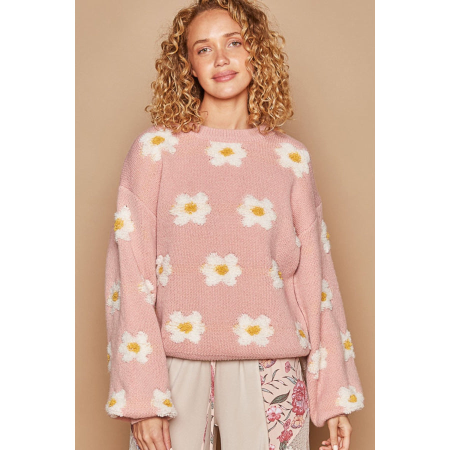 POL Daisy Pattern Drop Shoulder Sweater Apparel and Accessories