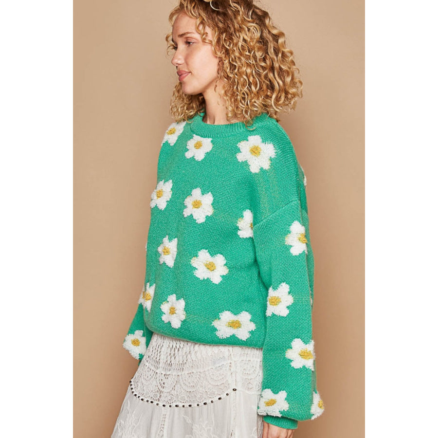 POL Daisy Pattern Drop Shoulder Sweater Shamrock / S Apparel and Accessories