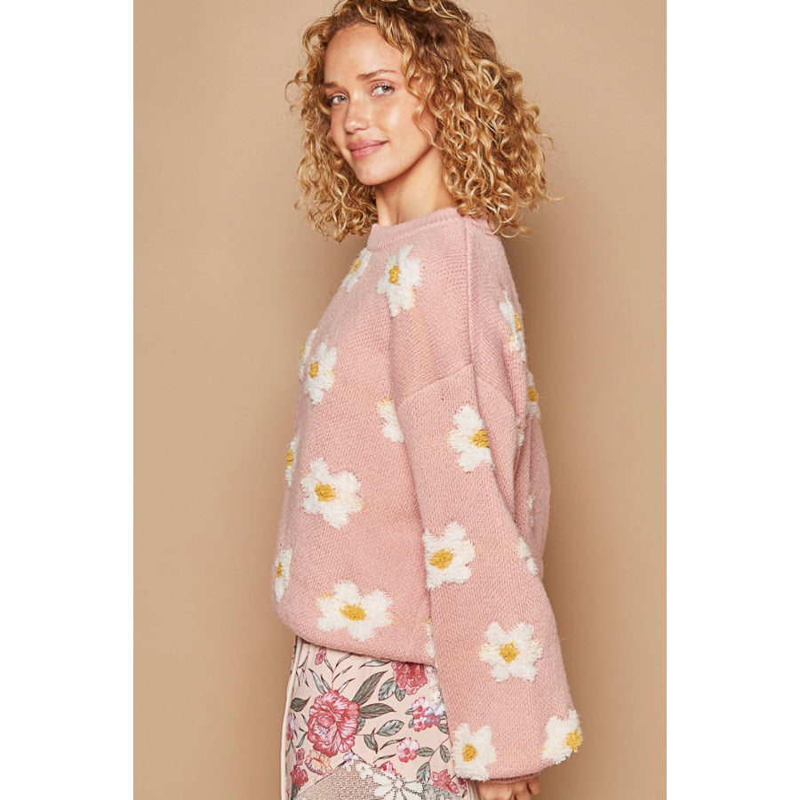 POL Daisy Pattern Drop Shoulder Sweater Apparel and Accessories