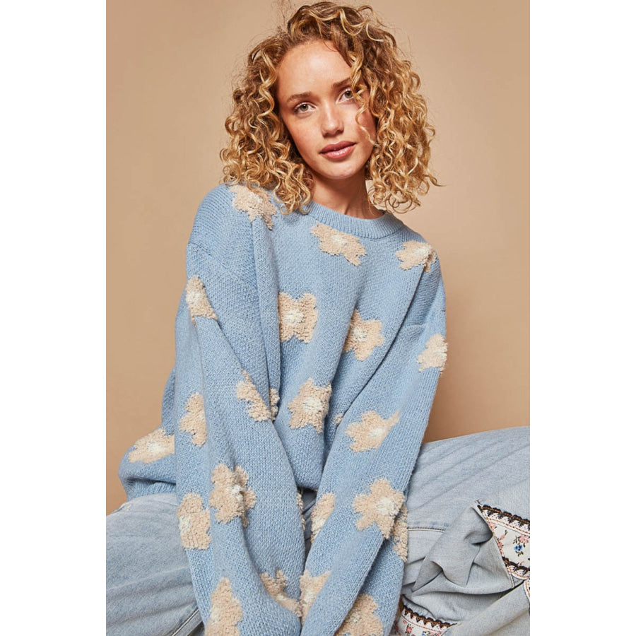 POL Daisy Pattern Drop Shoulder Sweater Cornflower Blue / S Apparel and Accessories