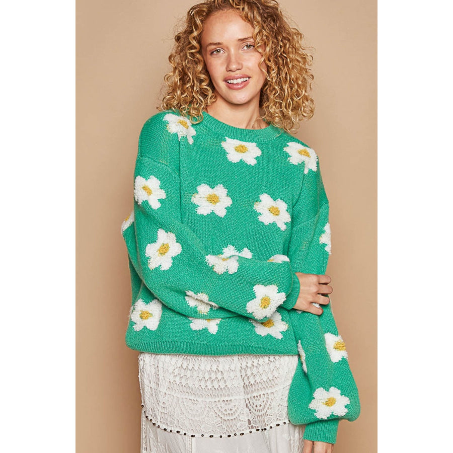 POL Daisy Pattern Drop Shoulder Sweater Shamrock / S Apparel and Accessories