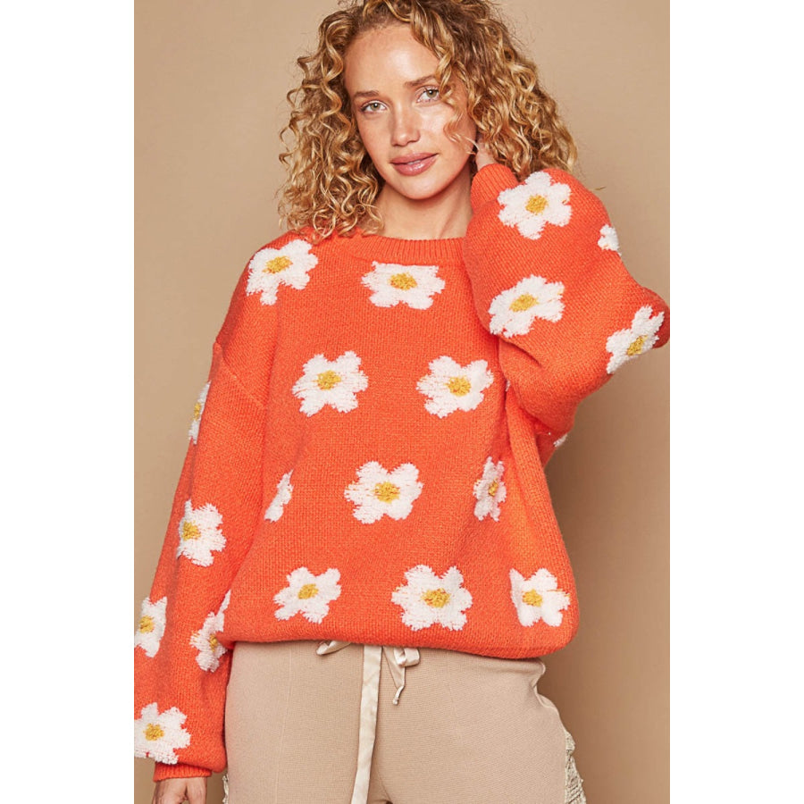 POL Daisy Pattern Drop Shoulder Sweater Sun Orange / S Apparel and Accessories