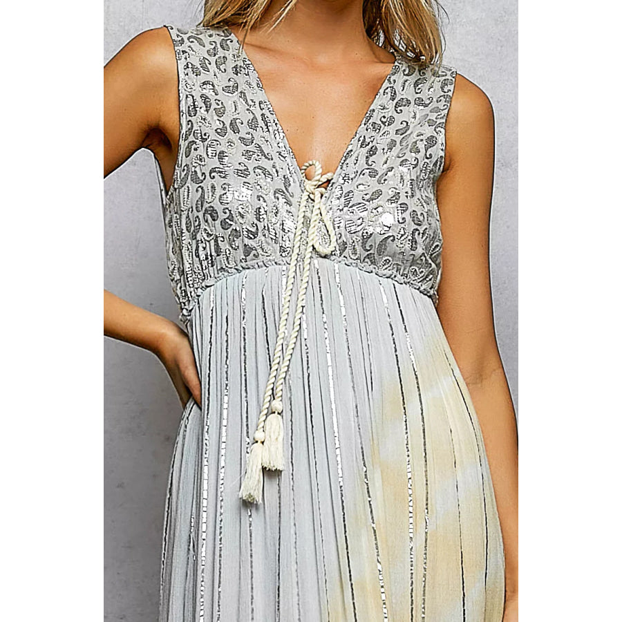 POL Deep V Sleeveless Cotton Bohemian Tiered Maxi Dress Apparel and Accessories