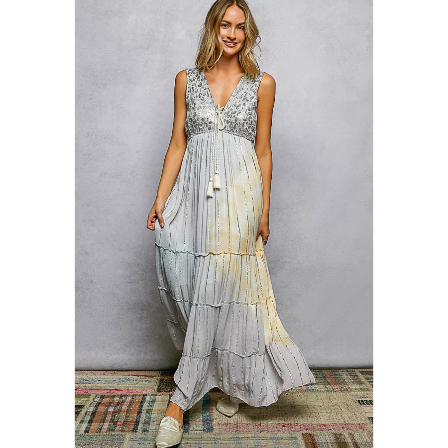 POL Deep V Sleeveless Cotton Bohemian Tiered Maxi Dress Apparel and Accessories