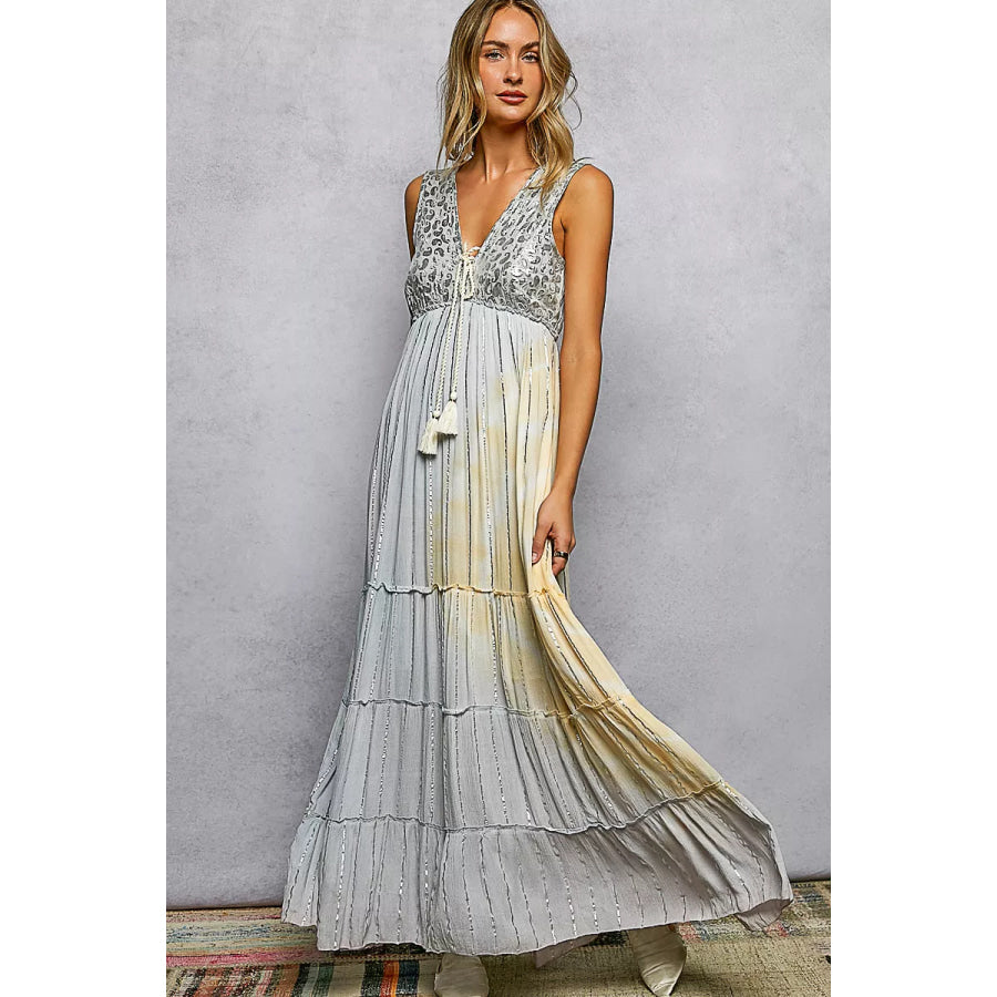 POL Deep V Sleeveless Cotton Bohemian Tiered Maxi Dress Apparel and Accessories