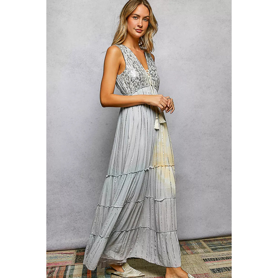 POL Deep V Sleeveless Cotton Bohemian Tiered Maxi Dress Apparel and Accessories