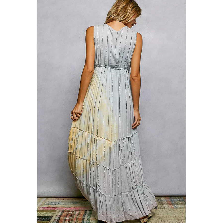 POL Deep V Sleeveless Cotton Bohemian Tiered Maxi Dress Apparel and Accessories