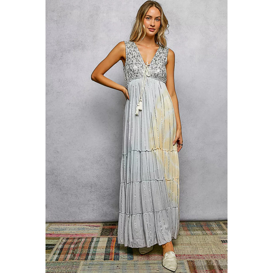 POL Deep V Sleeveless Cotton Bohemian Tiered Maxi Dress LIGHT GREY MULTI / S Apparel and Accessories