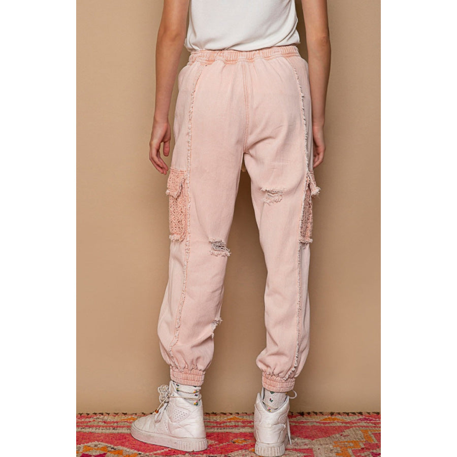 POL Distressed Cargo Denim Jogger with Crochet Pockets Apparel and Accessories