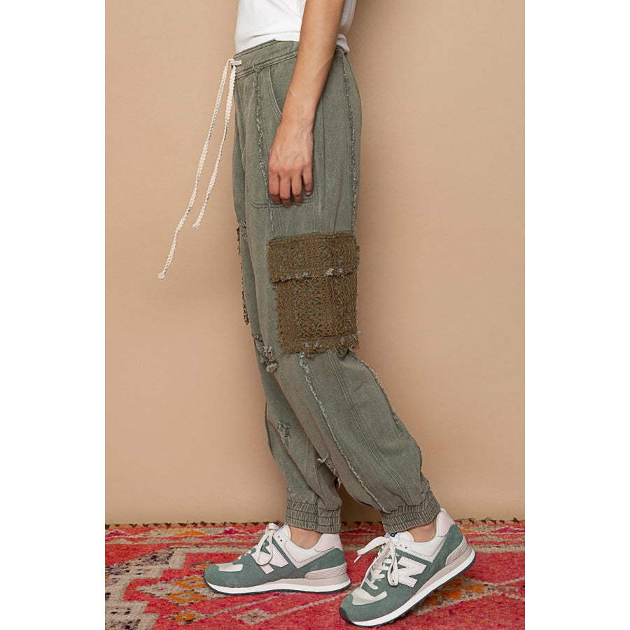 POL Distressed Cargo Denim Jogger with Crochet Pockets Apparel and Accessories