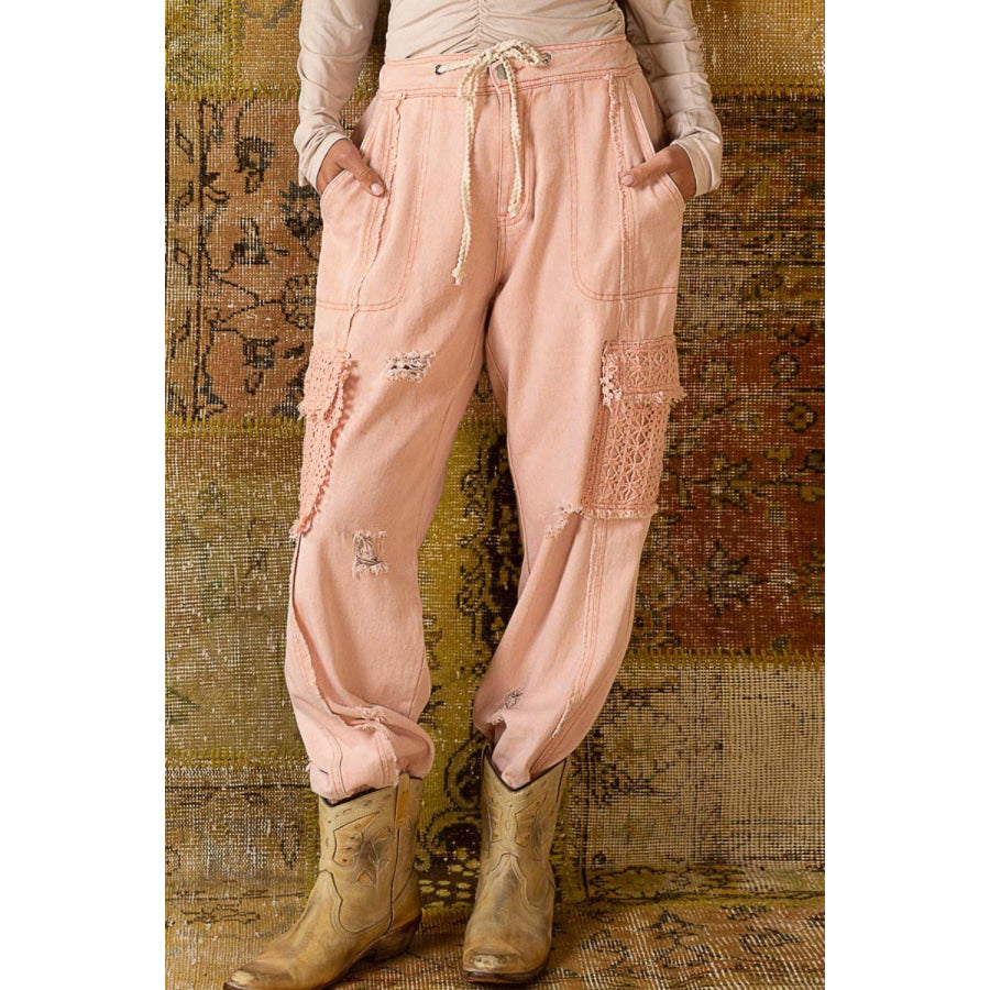 POL Distressed Cargo Denim Jogger with Crochet Pockets Coral Haze / S Apparel and Accessories