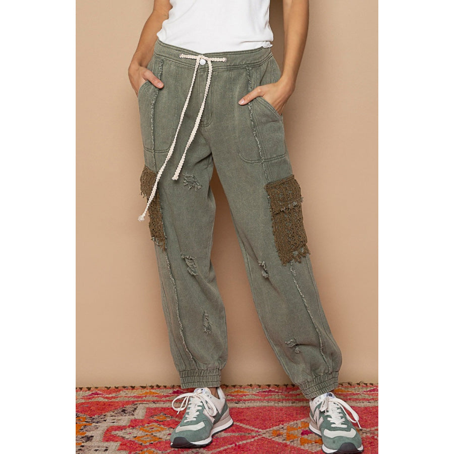 POL Distressed Cargo Denim Jogger with Crochet Pockets Shadow Green / S Apparel and Accessories