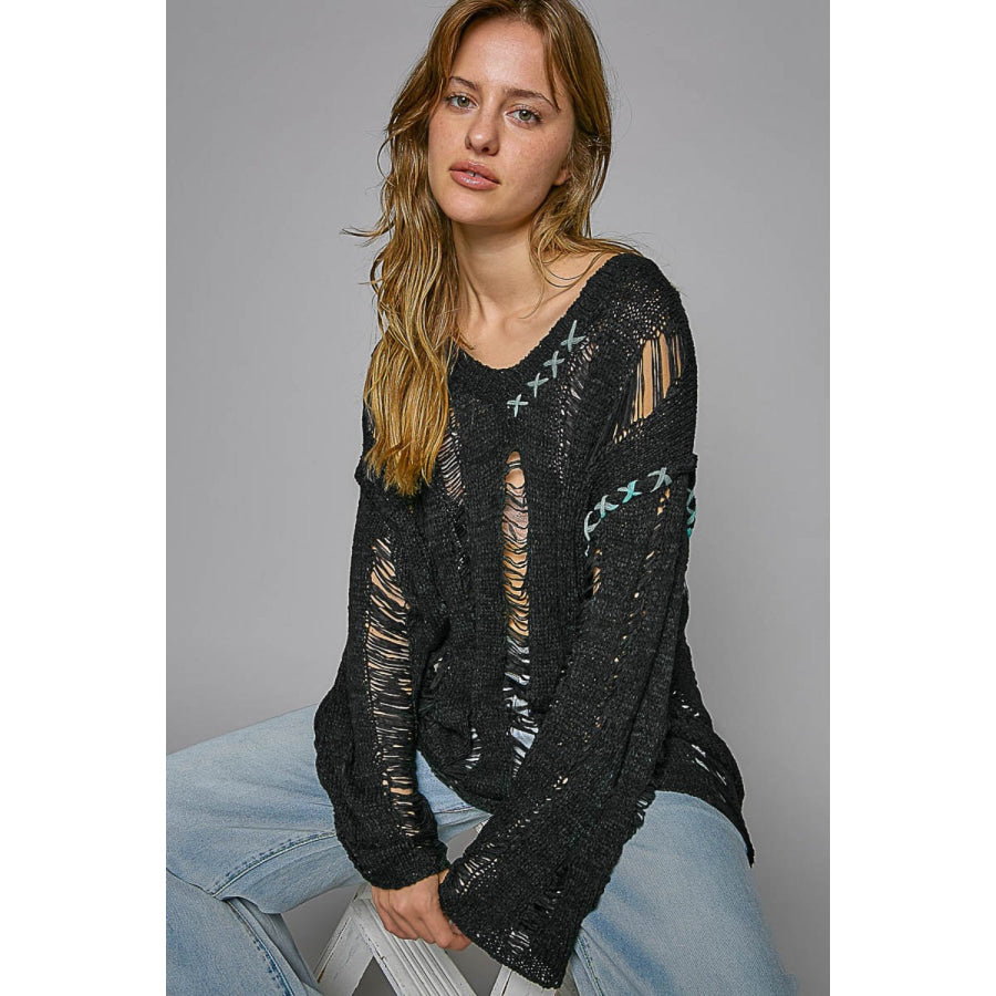 POL Distressed Dropped Shoulder Long Sleeve Knit Top Apparel and Accessories