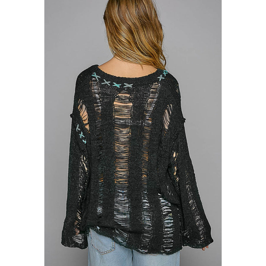 POL Distressed Dropped Shoulder Long Sleeve Knit Top Apparel and Accessories