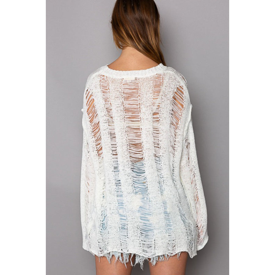 POL Distressed Round Neck Long Sleeve Knit Cover Up Apparel and Accessories