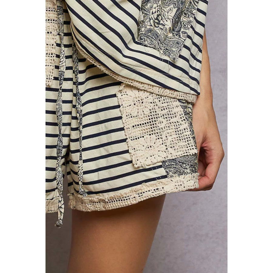 POL Drawstring Striped Shorts with Paisley and Crochet Patch Details Apparel and Accessories