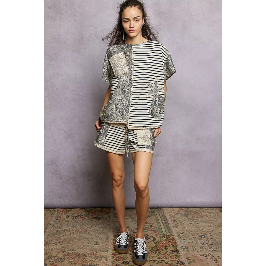 POL Drawstring Striped Shorts with Paisley and Crochet Patch Details Apparel and Accessories