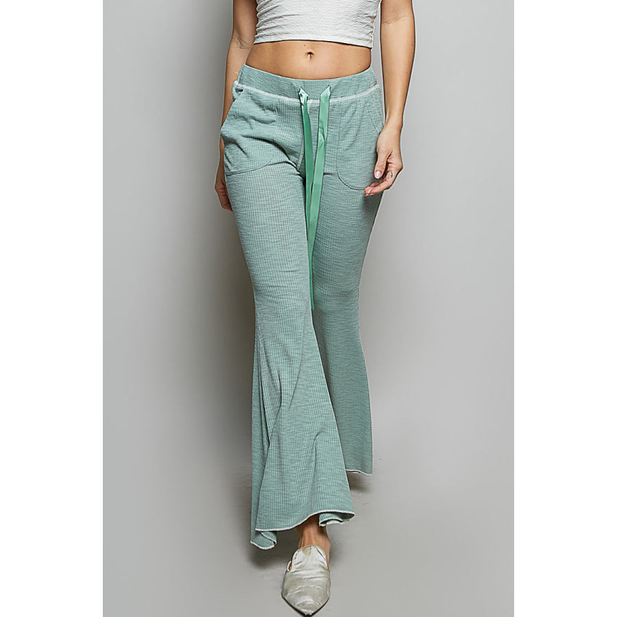 POL Drawstring Textured Ribbed Knit Pants PALE SAGE / S Apparel and Accessories