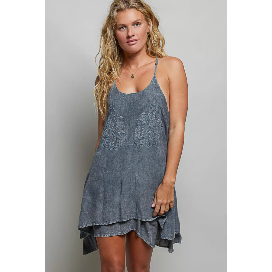 POL Embroidered Adjustable Strap Mini Dress CHARCOAL / S Apparel and Accessories