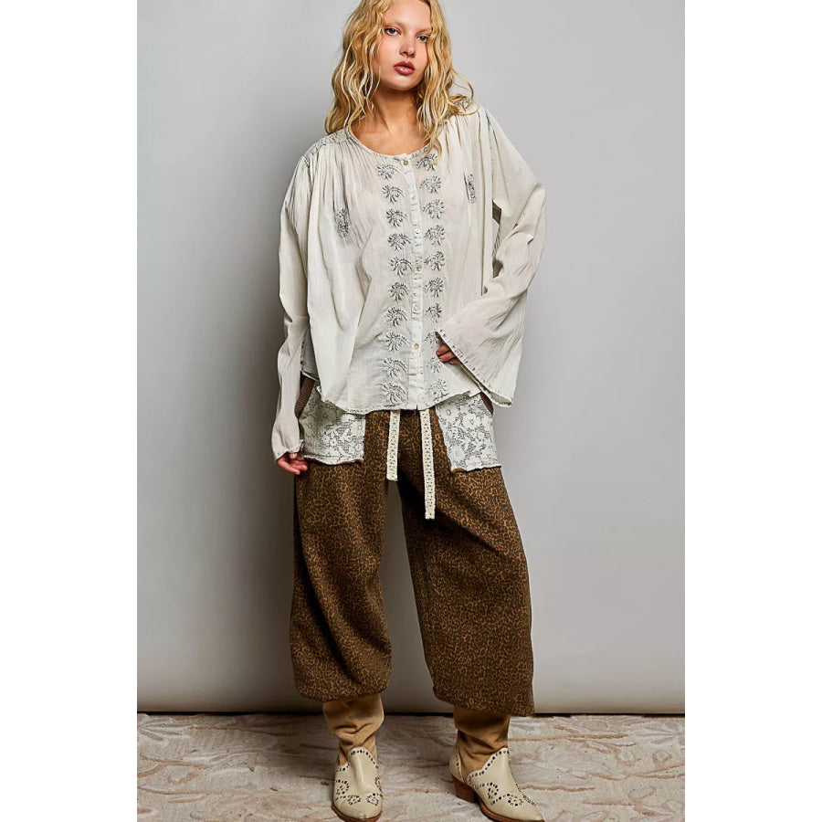 POL Embroidered Button Front Woven Shirt Apparel and Accessories