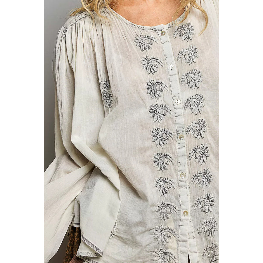 POL Embroidered Button Front Woven Shirt Apparel and Accessories