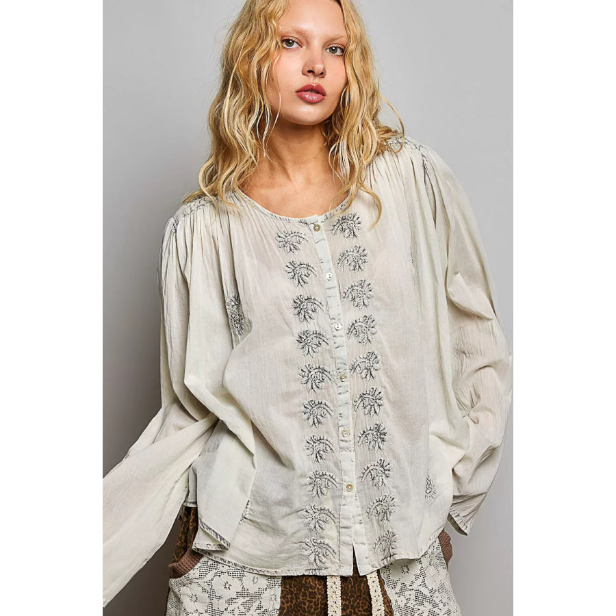 POL Embroidered Button Front Woven Shirt PALE GREY / S Apparel and Accessories