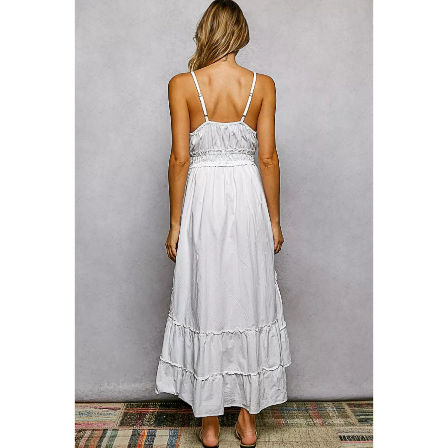 POL Embroidered Detail Tassel Tie Smocked Waist Midi Tiered Cami Dress Apparel and Accessories