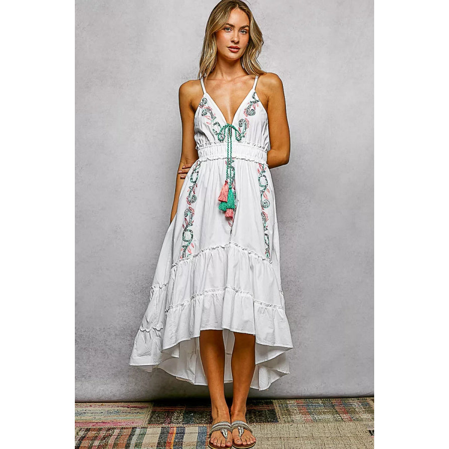POL Embroidered Detail Tassel Tie Smocked Waist Midi Tiered Cami Dress Apparel and Accessories