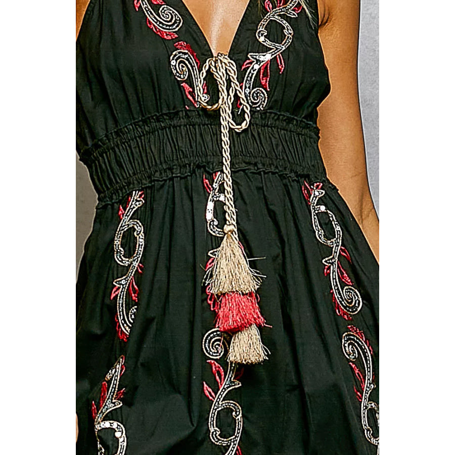 POL Embroidered Detail Tassel Tie Smocked Waist Midi Tiered Cami Dress Apparel and Accessories