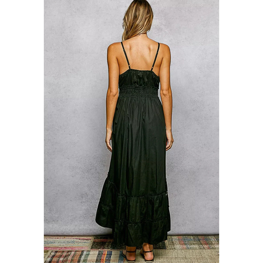 POL Embroidered Detail Tassel Tie Smocked Waist Midi Tiered Cami Dress Apparel and Accessories