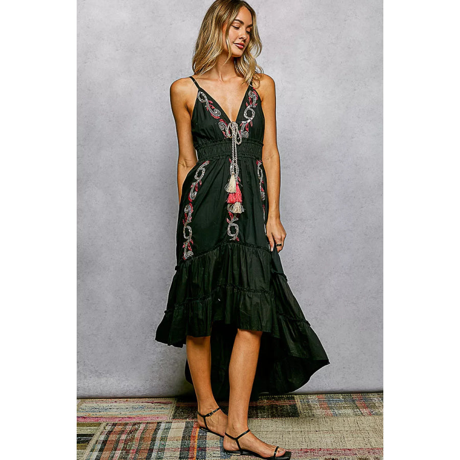 POL Embroidered Detail Tassel Tie Smocked Waist Midi Tiered Cami Dress Apparel and Accessories