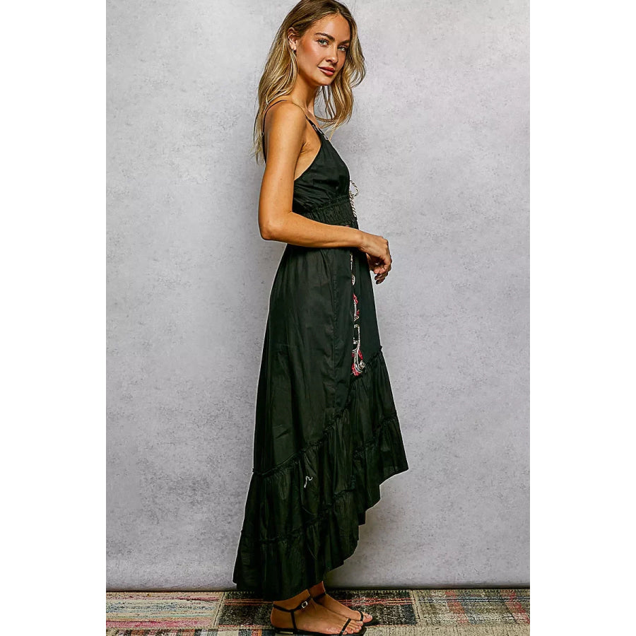 POL Embroidered Detail Tassel Tie Smocked Waist Midi Tiered Cami Dress Apparel and Accessories