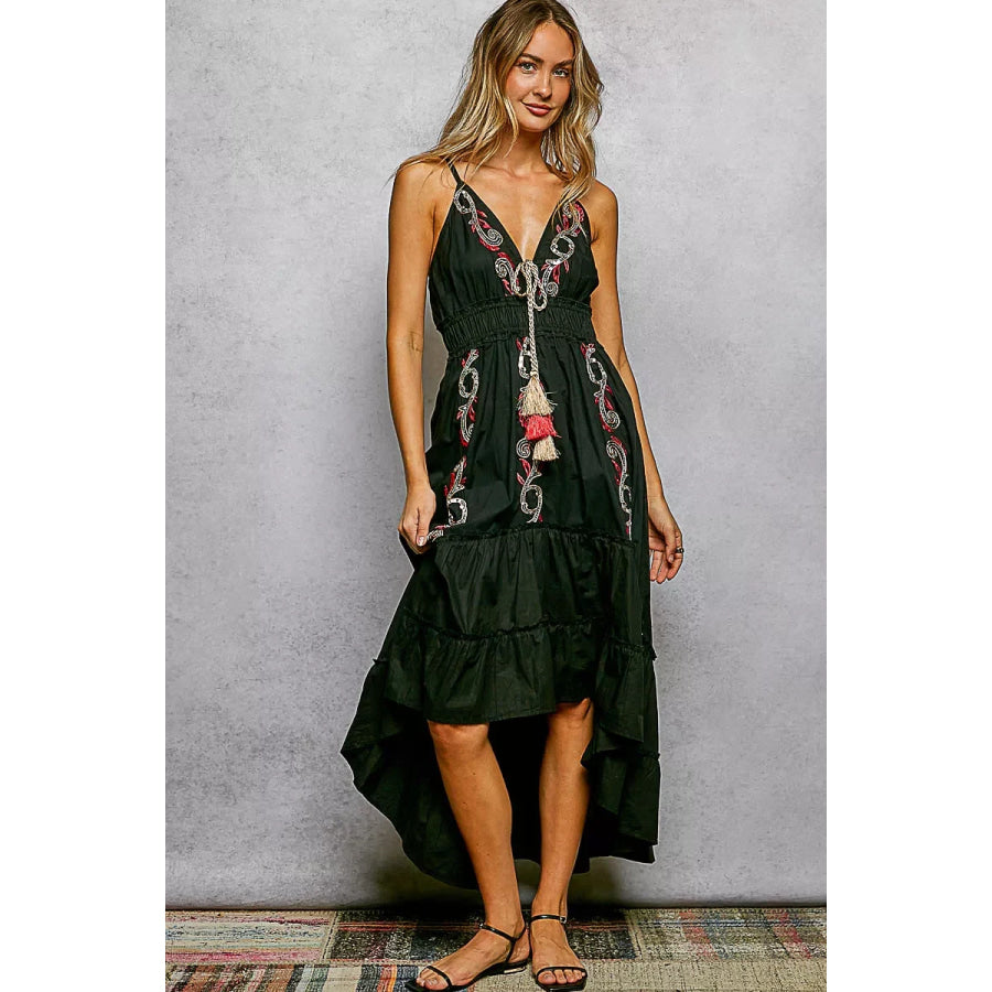 POL Embroidered Detail Tassel Tie Smocked Waist Midi Tiered Cami Dress Apparel and Accessories