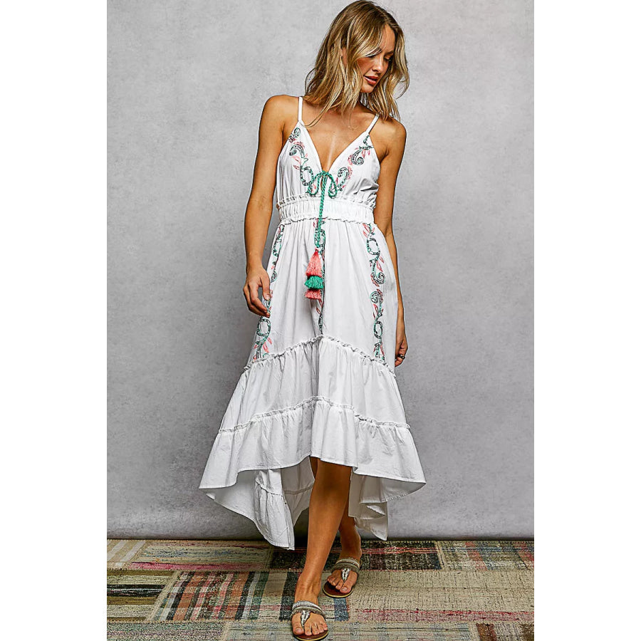 POL Embroidered Detail Tassel Tie Smocked Waist Midi Tiered Cami Dress Apparel and Accessories